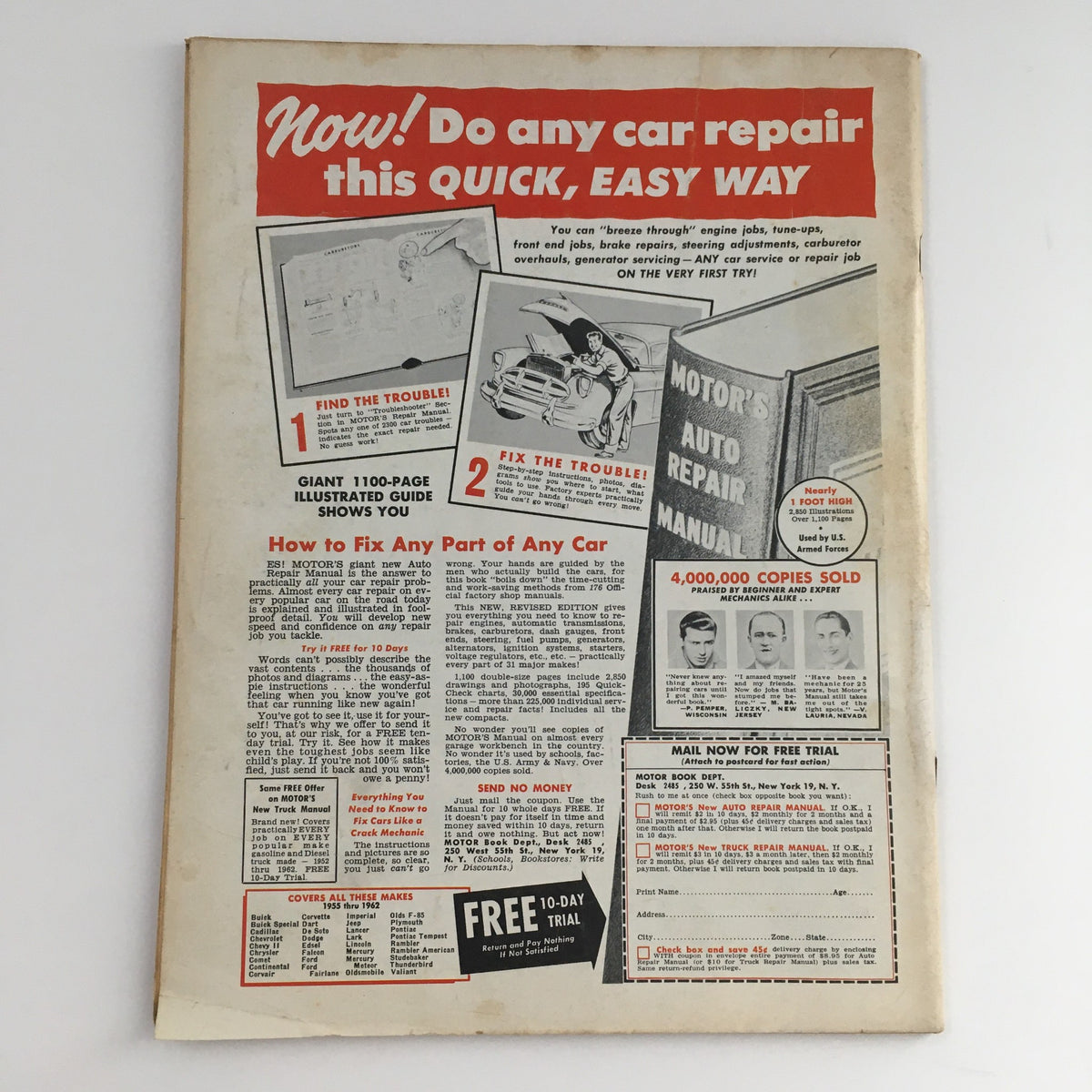 Back cover of Cars Automotive Magazine May 1962 showcasing automotive repair services and advertisements relevant to classic car enthusiasts.