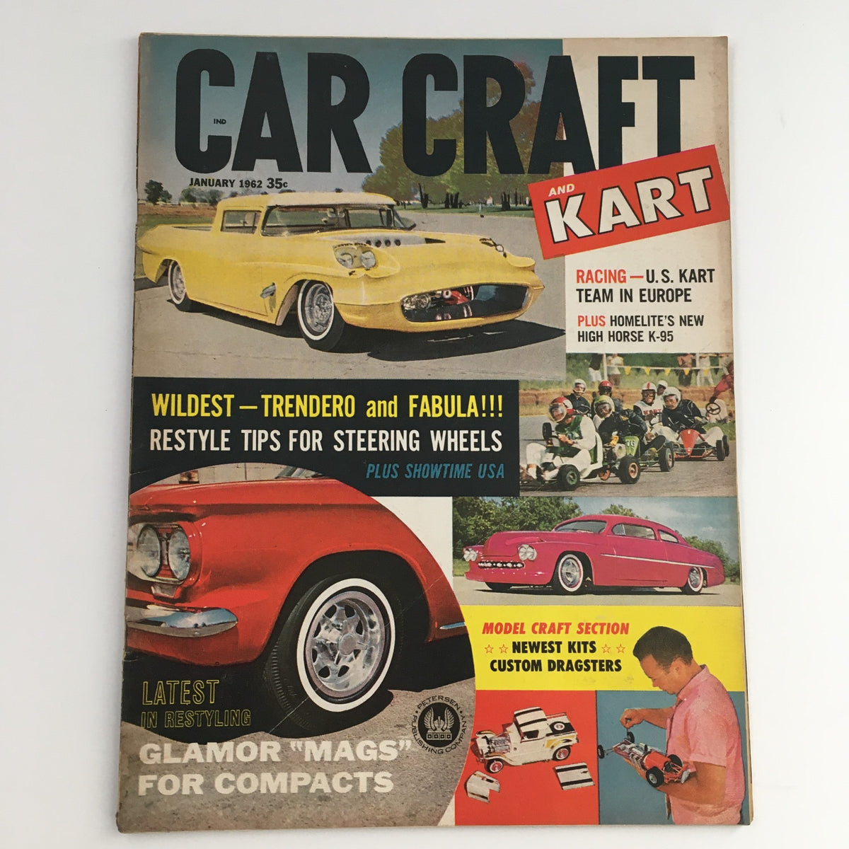Car Craft & Kart Magazine January 1962 featuring vintage cars, including a classic yellow automobile on the cover, alongside articles about Trendero, Fabula, and kart racing.