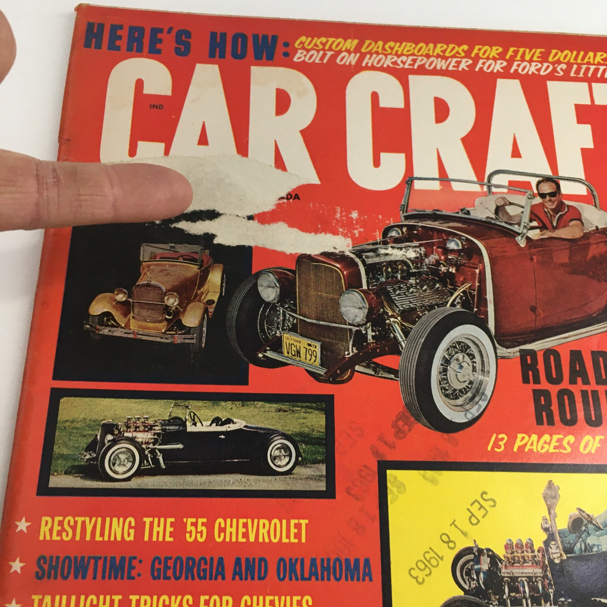 Car Craft Magazine October 1963 cover featuring vintage roadsters and automotive tips, showcasing a roadster chassis and details about building custom dashboards.