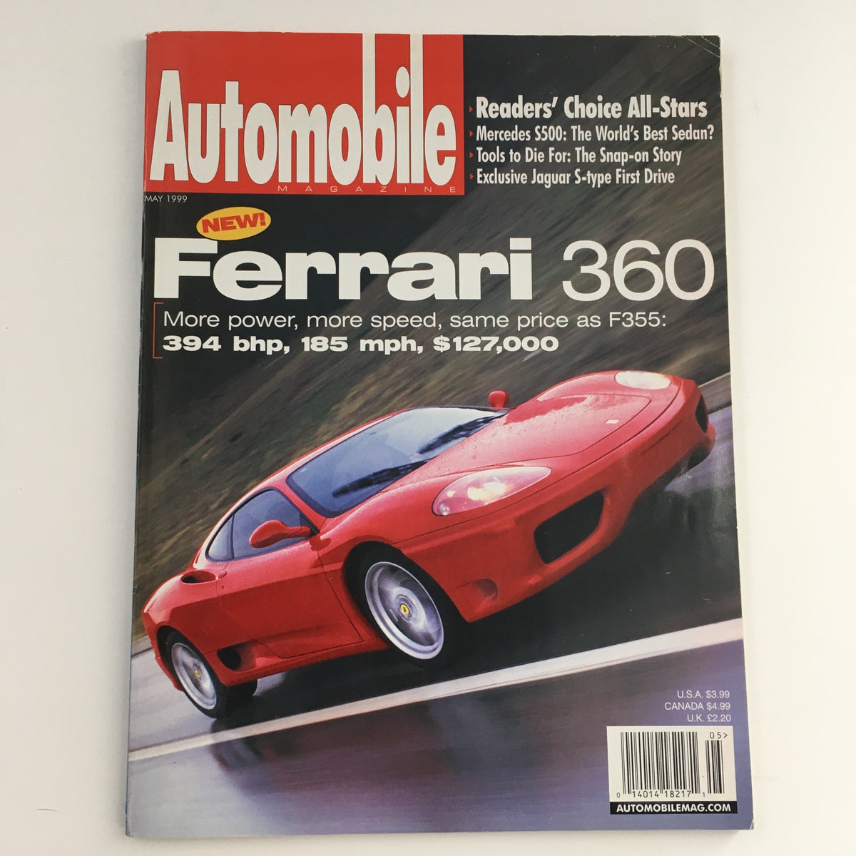 Cover of Automobile Magazine, May 1999 edition, featuring the Ferrari 360 with a striking red color, along with headlines about power, speed, and more on luxury vehicles like the Mercedes S500, labeled as 'World's Best'.