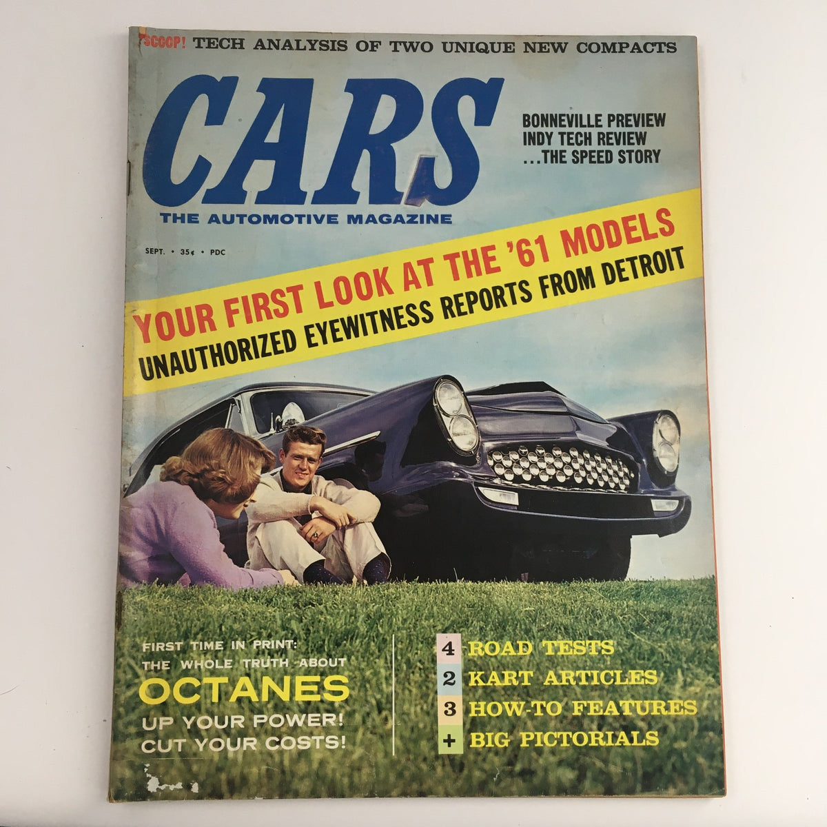 Cover of Cars Automotive Magazine September 1960 featuring a tech analysis of new compacts, showcasing a vintage car with two people sitting on the grass. The cover highlights an exclusive first look at the '61 models and unauthorized eyewitness reports from Detroit.