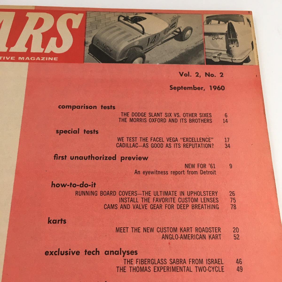 Cover of Cars Automotive Magazine, September 1960, featuring titles on automotive topics like comparison tests and special tests, reflecting the tech analysis of new compact cars.