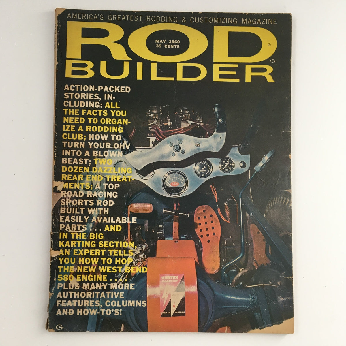 Cover of Rod Builder Magazine May 1960 featuring articles on organizing a rodding club, car building tips, and classic automotive insights.