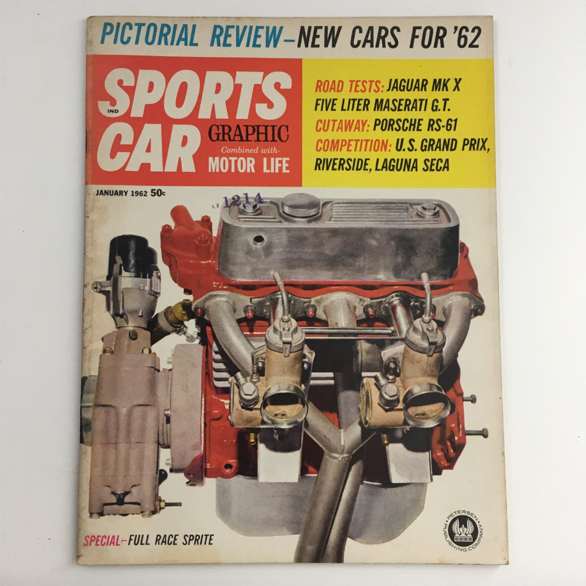 Cover of Sports Car Magazine from January 1962 featuring a road test of Jaguar MK X and Maserati G.T. - highlights include engine cutaway and competition details.