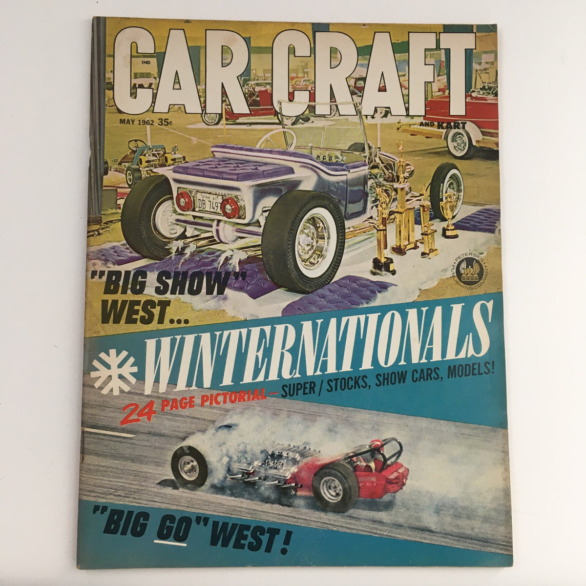 Cover of Car Craft Magazine May 1962 featuring Winter Nationals Super Stocks and Show Cars, highlighting a vintage racing scene with custom vehicles and trophies.
