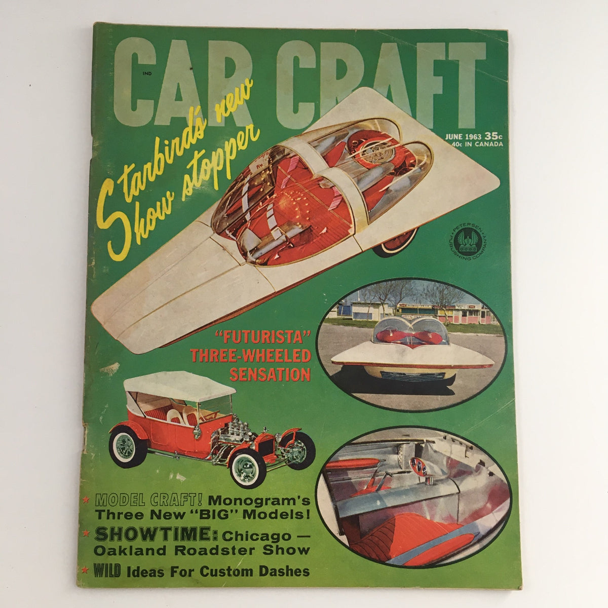 Cover of Car Craft Magazine from June 1963, featuring the Futurista three-wheeled sensation. The vibrant magazine displays enticing graphics and highlights automotive innovations of the 1960s.
