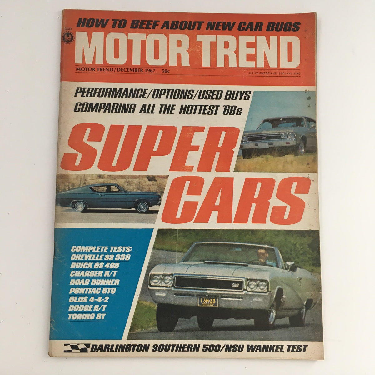 Cover of Motor Trend Magazine December 1967, featuring articles on super cars, Darlington Southern 500, and NSU Wankel engine, showcasing classic automotive design and innovation.