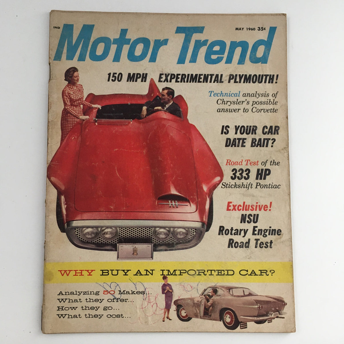 Motor Trend Magazine May 1960 cover featuring an experimental Plymouth car, a technical analysis of Chrysler's possible answer to the Corvette, and a road test of the 333 HP Stickshift Pontiac.