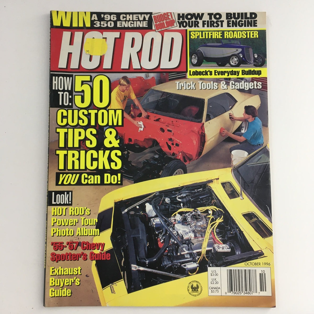 Cover of Hot Rod Magazine October 1996 featuring '50 Custom Tips & Tricks You Can Do'. Highlights include car customization tips and techniques, with images of classic cars and DIY automotive projects.