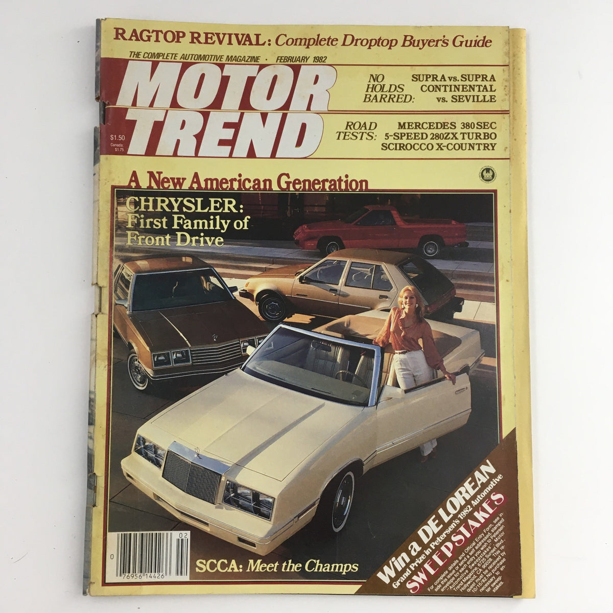 Motor Trend Magazine February 1982 featuring Chrysler: First Family of Front Drive; vintage automotive magazine cover with cars from the early 80s.
