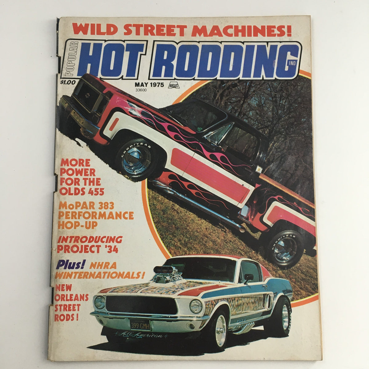 Cover of Popular Hot Rodding Magazine May 1975 featuring MoPar 383 Performance Hop-Up with vintage cars including a flame-decorated pickup and a Mustang on display.
