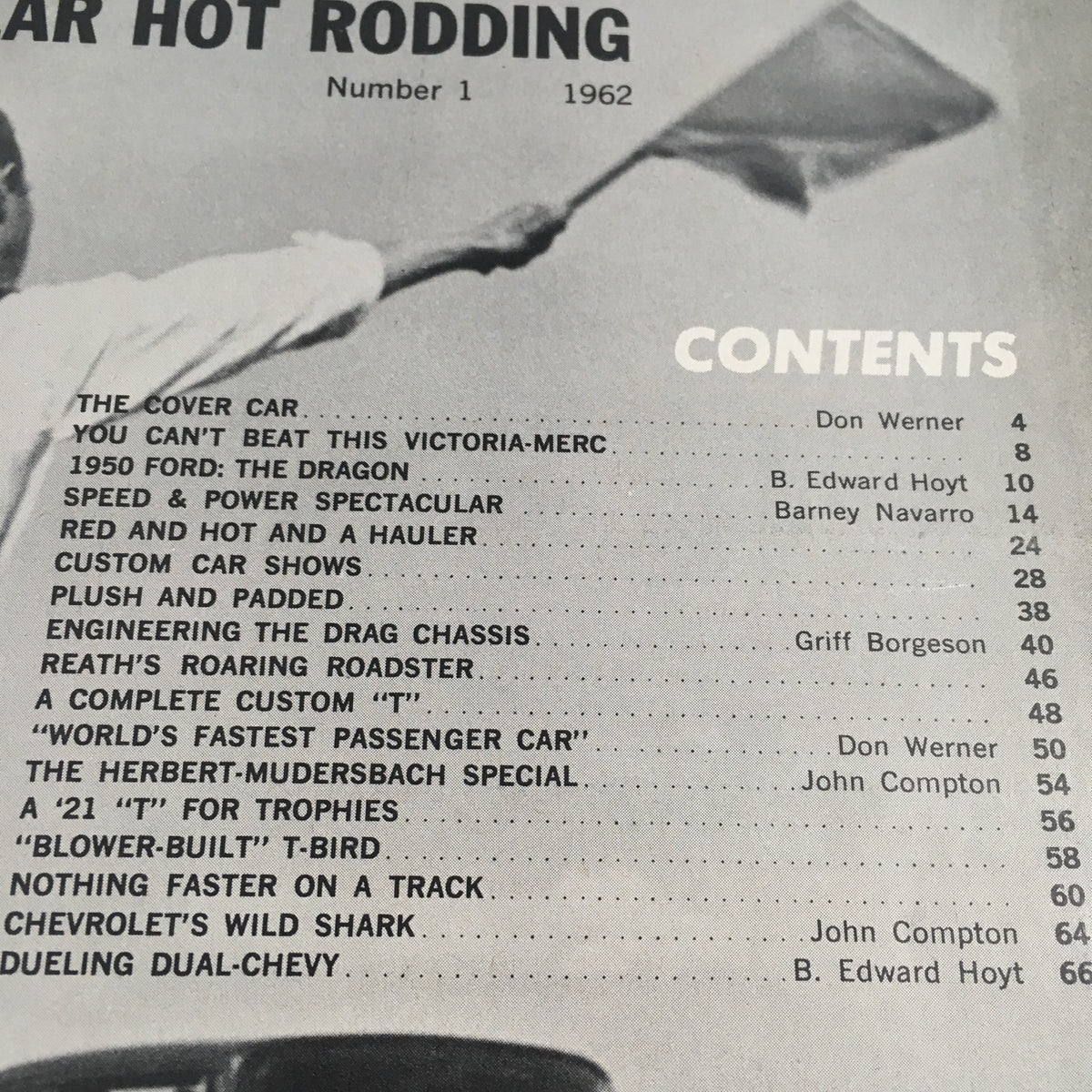 Contents page of Popular Hot Rodding Magazine No. 1 1962 featuring various articles and features related to automotive history and car performance.