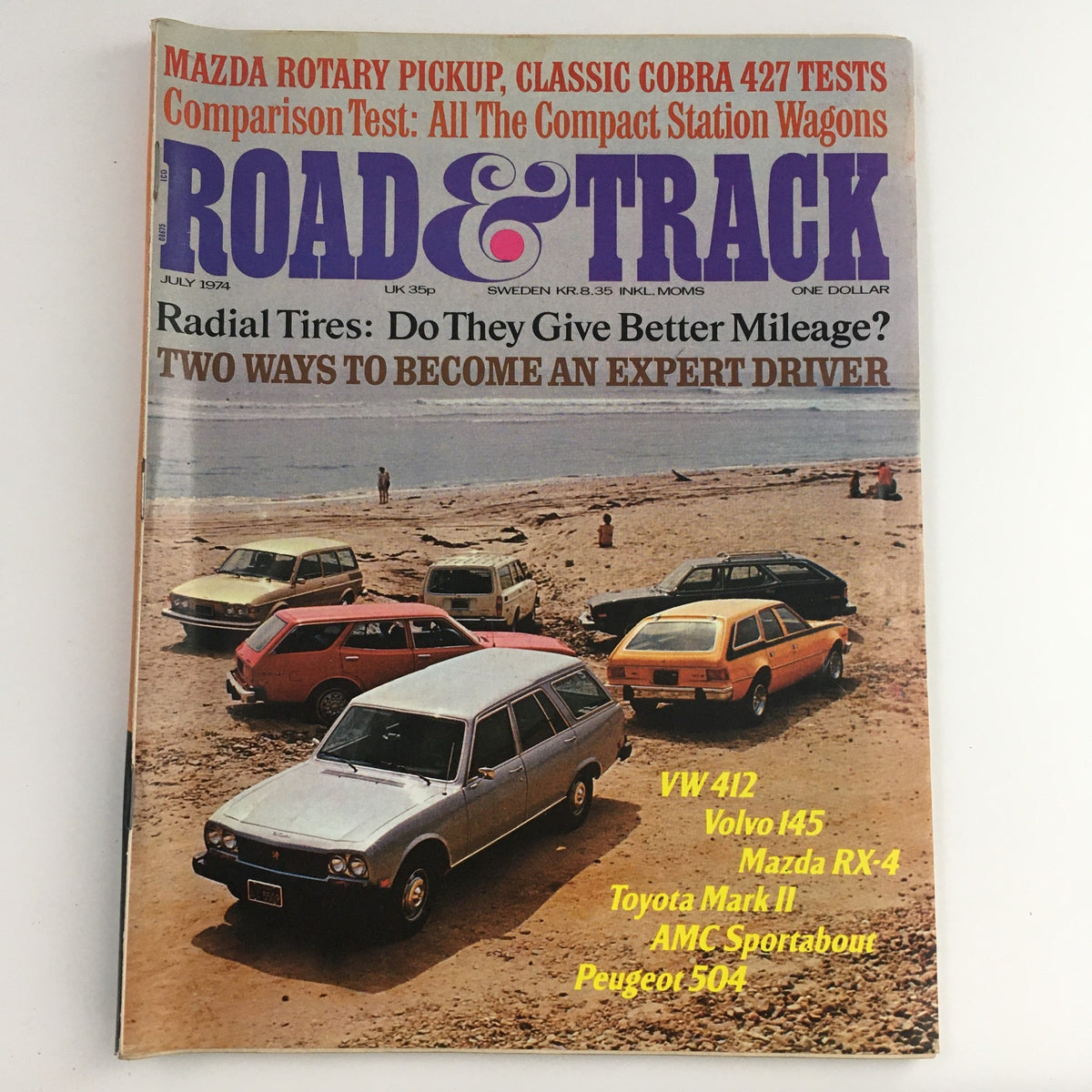 Cover of Road & Track Magazine July 1974 featuring a comparison test of compact station wagons. The cover highlights various car models including VW 412, Volvo 145, Mazda RX-4, Toyota Mark II, AMC Sportabout, and Peugeot 504, set against a beach backdrop.