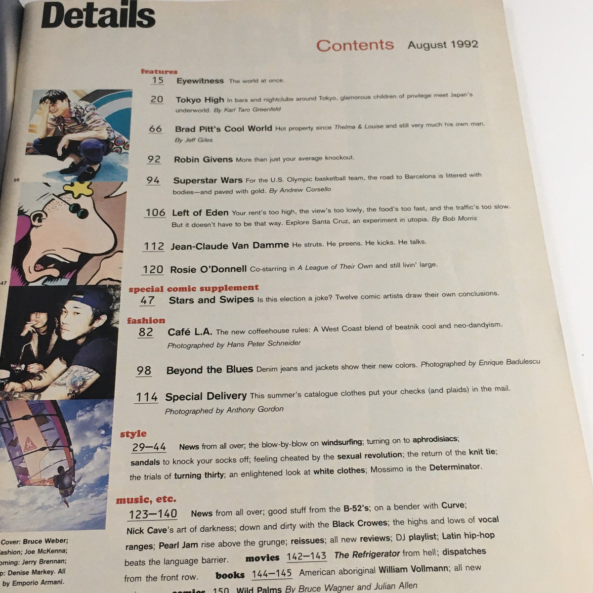 Contents page of Details Magazine August 1992 listing various features, including Brad Pitt's article and a special comic supplement, capturing the essence of early 90s pop culture.