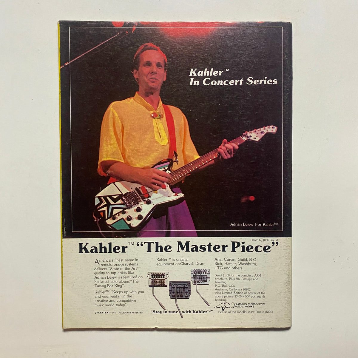 Advertisement from Guitar for the Practicing Musician Magazine, August 1984 promoting Kahler guitar equipment, featuring a performer with a unique guitar design.