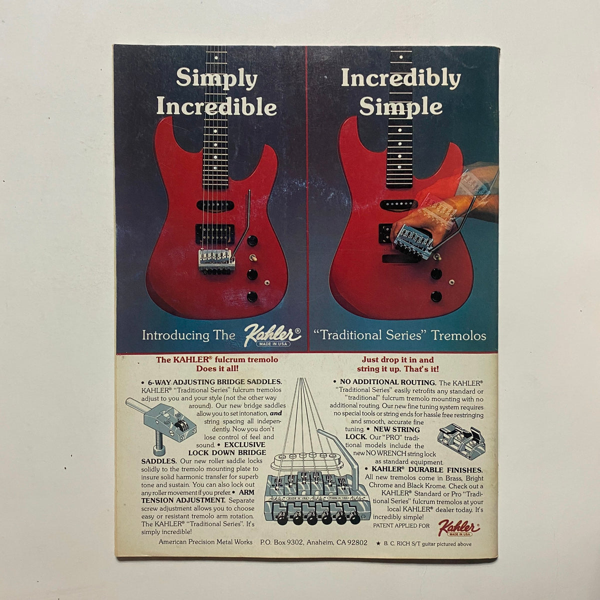 Promotional advertisement for Kahler Tremolos featured in Guitar for the Practicing Musician Magazine, June 1986. Showcases two types of tremolos, highlighting their unique features.