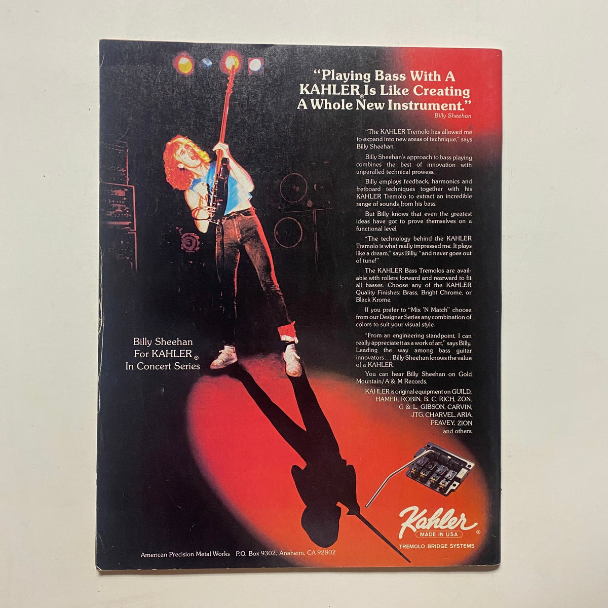 Back cover of the Guitar for the Practicing Musician Magazine January 1986, featuring an advertisement for Billy Sheehan and Kahler Tremolo Systems.