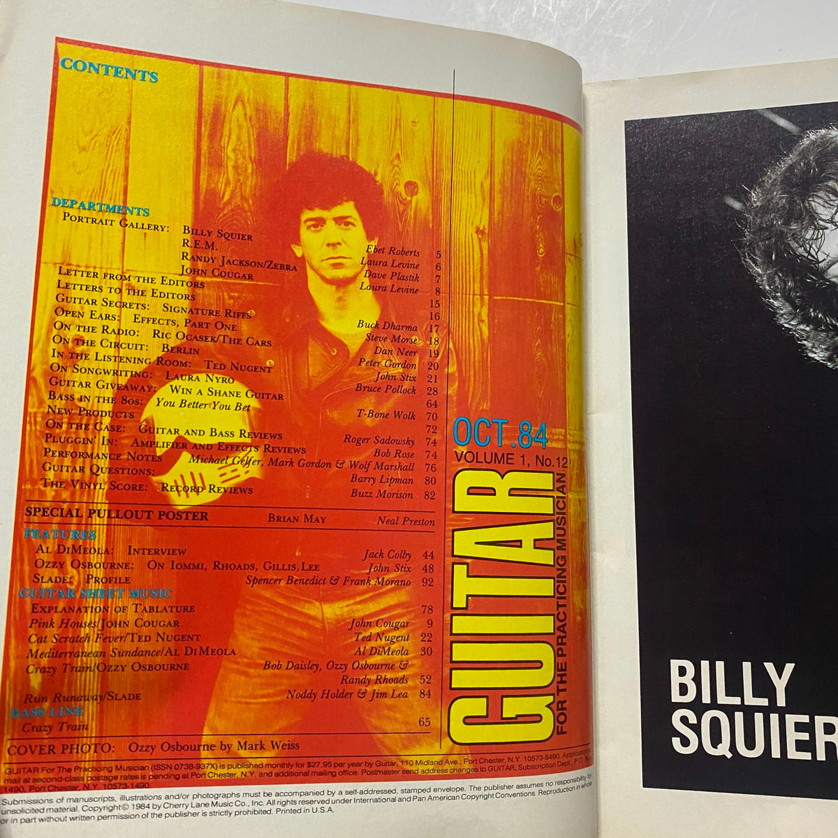 Contents page of the Guitar for the Practicing Musician magazine, October 1984 edition, highlighting features and articles including an interview with Ozzy Osbourne.