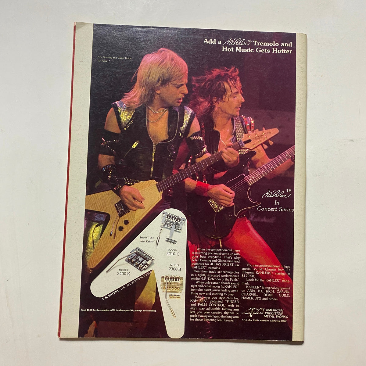 Back cover of the Guitar for the Practicing Musician magazine, October 1984, featuring an advertisement for Kahlers in Concert Series with two musicians playing electric guitars.