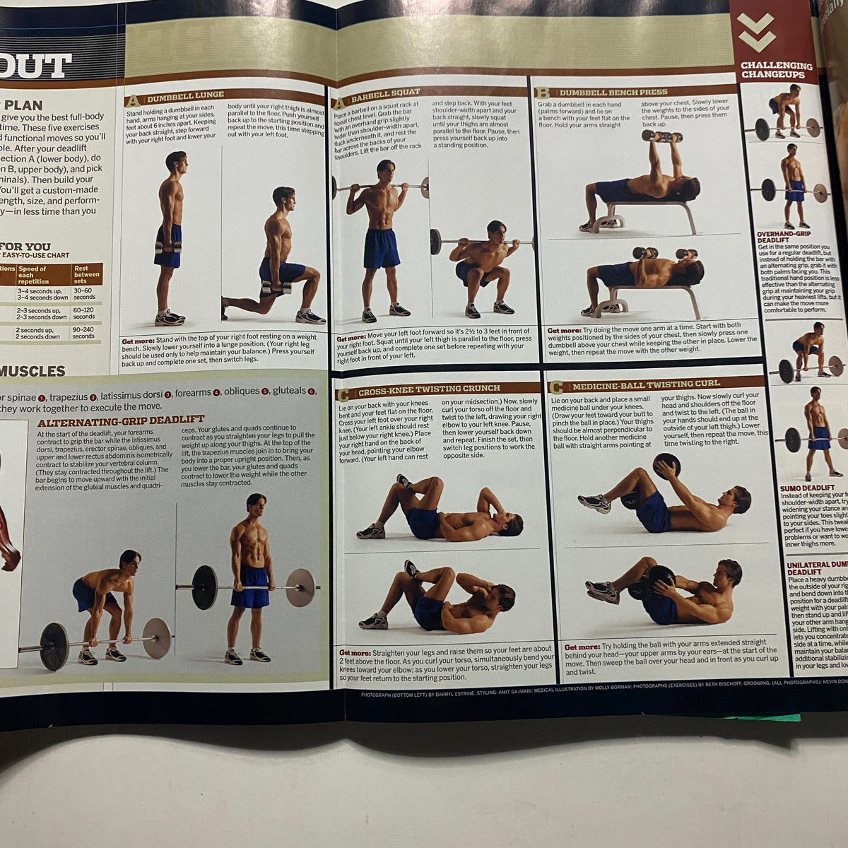 Inside page of Men's Health Magazine December 2004 displaying various workout exercises and fitness routines, aimed at enhancing physical health.