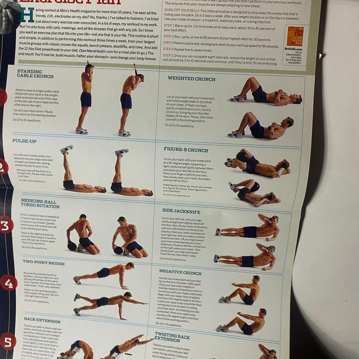 Interior page of Men's Health Magazine February 2006 detailing workout exercises including cable crunch and medicine ball torso rotation.