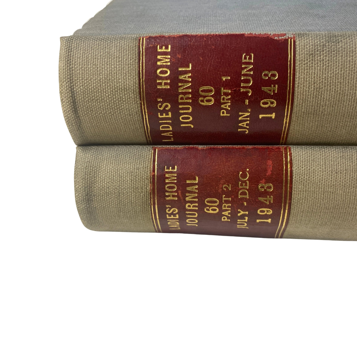Ladies' Home Journal Library Bound Magazine 1943 Full Year January - December, showcasing the spines of the bound volumes, with titles 'Part 1 January - June 1943' and 'Part 2 July - December 1943' prominently displayed.