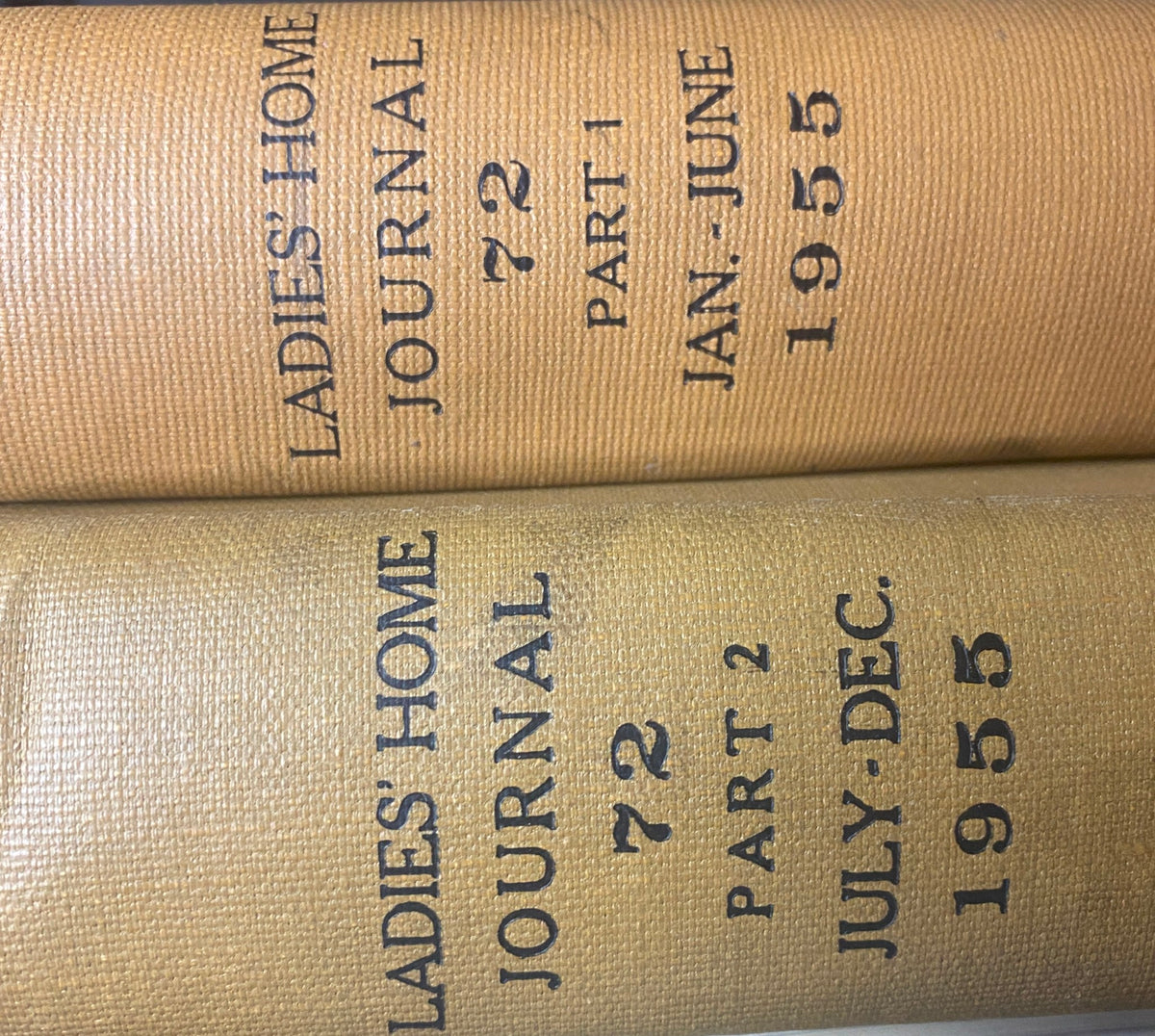Ladies' Home Journal Bound Magazine 1955 Full Year January - December, highlighting the spines of two volumes labeled with publication months.