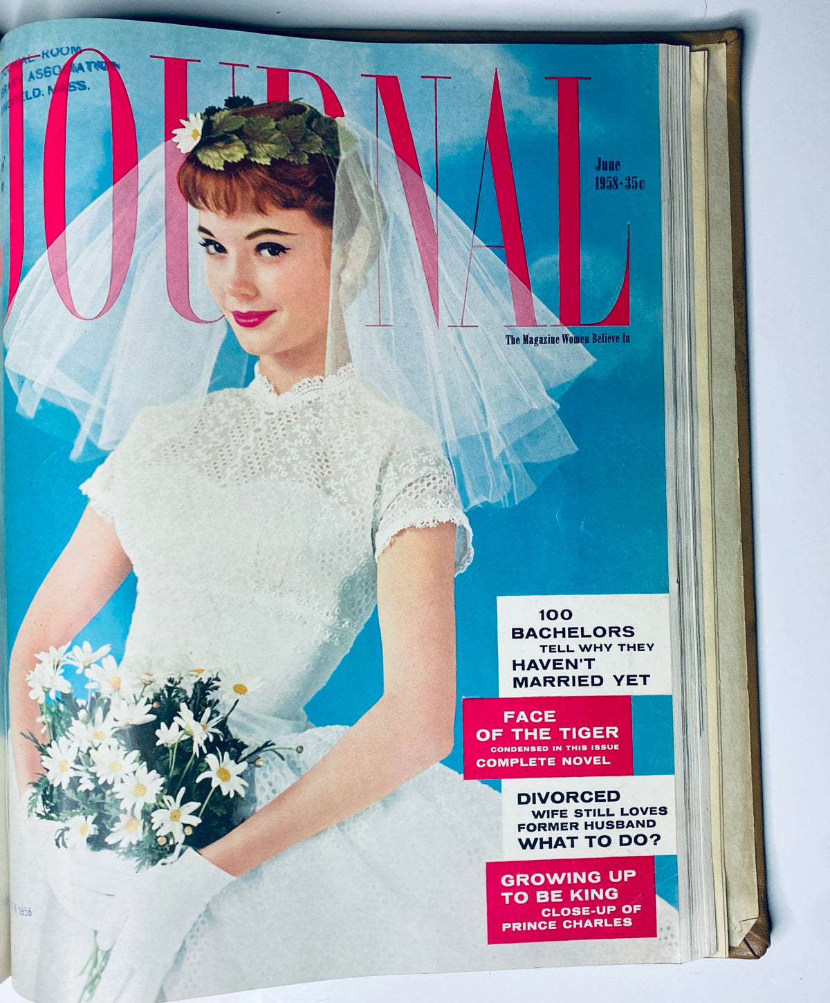 June 1958 cover of Ladies' Home Journal Bound Magazine showcasing a bride in a wedding dress, highlighting articles on marriage and relationships.