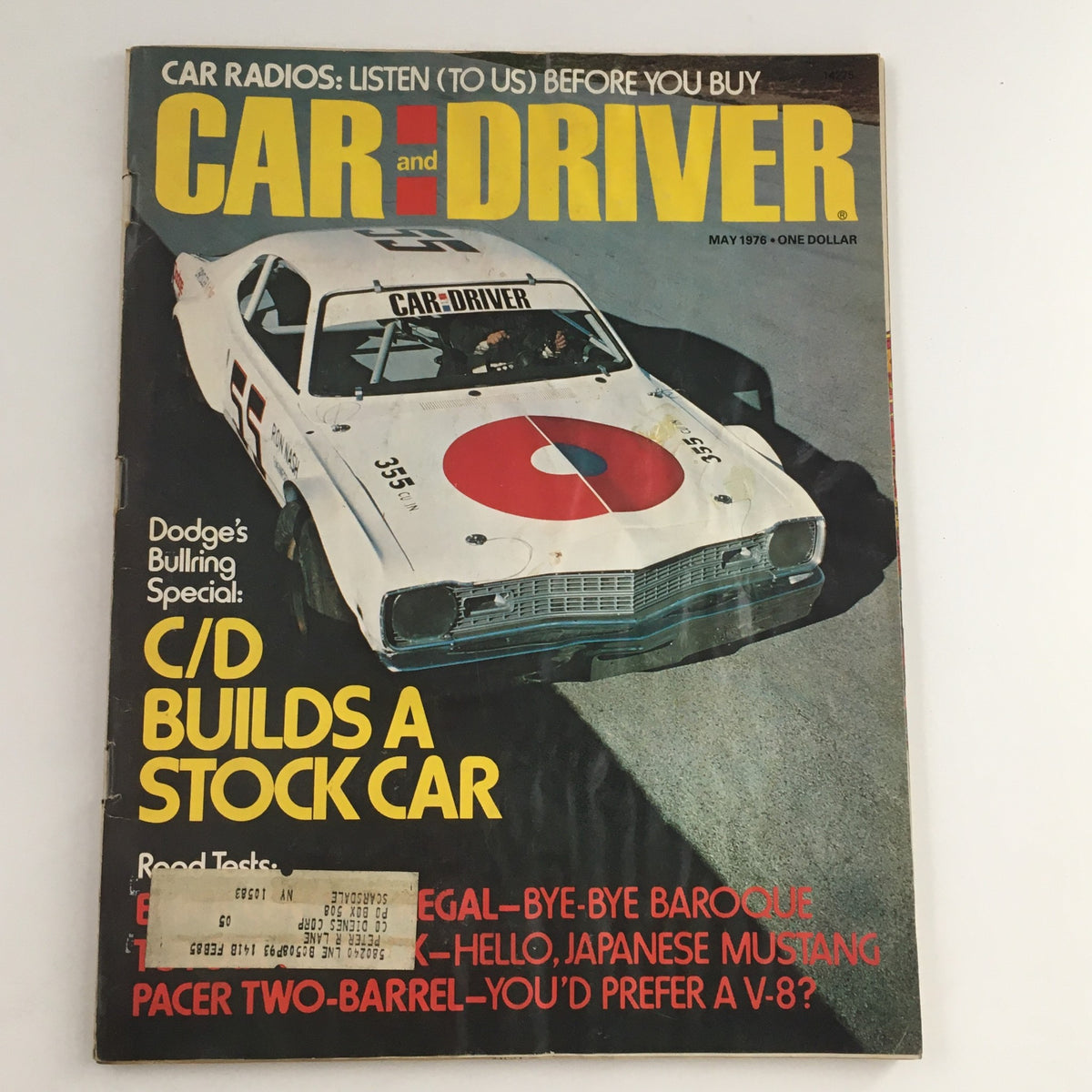 Car and Driver Magazine May 1976 cover featuring a Dodge stock car with a prominent red circle design, highlighting articles on car radios and Dodge's stock car builds.