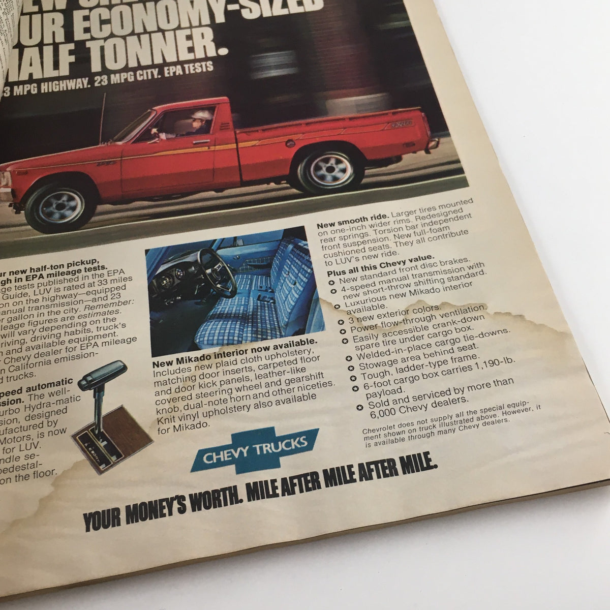 Inside page of Car and Driver Magazine May 1976 showcasing a Chevy truck advertisement with features and specifications.