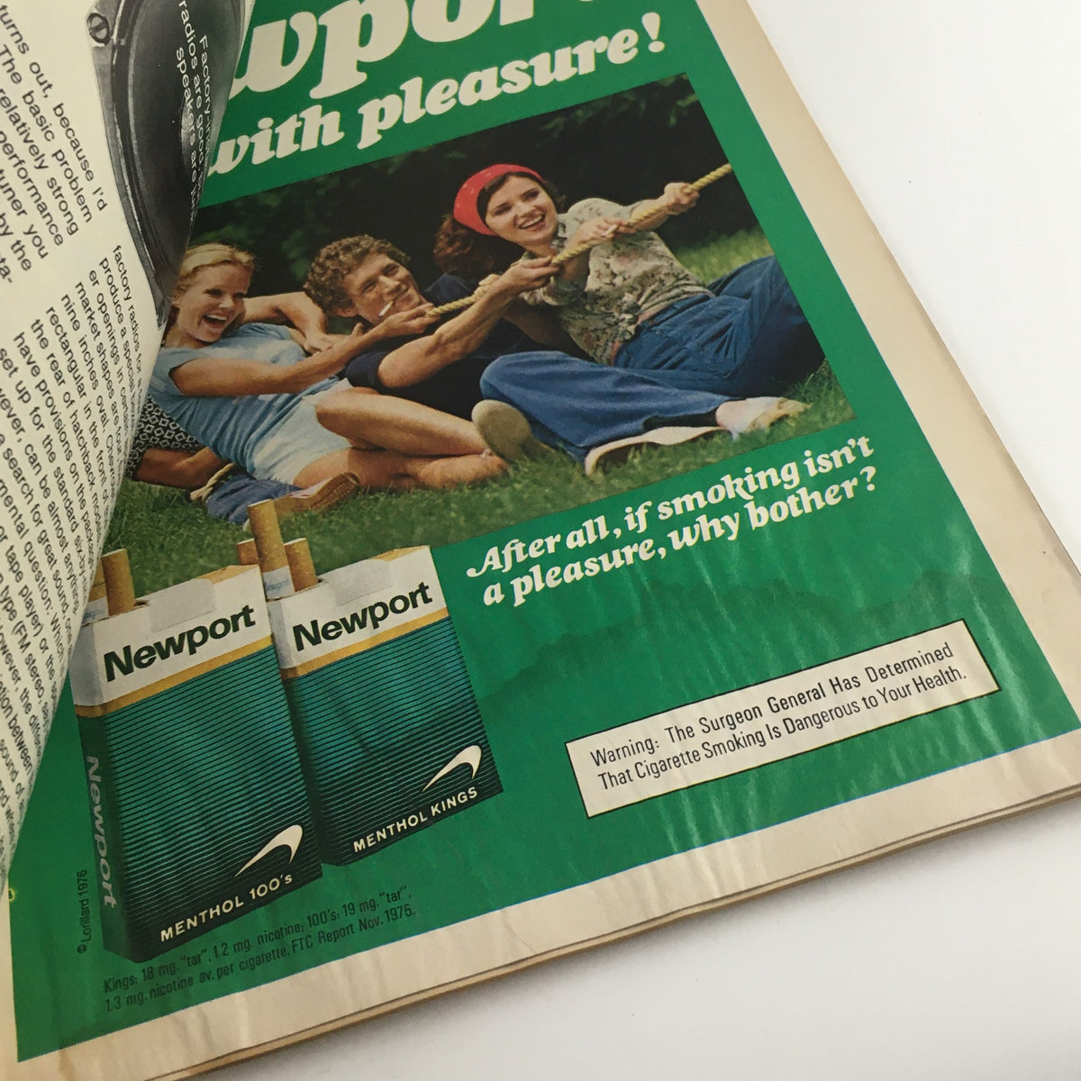 Newport cigarette advertisement featured in Car and Driver Magazine May 1976, showing people enjoying leisure time and promoting smoking.