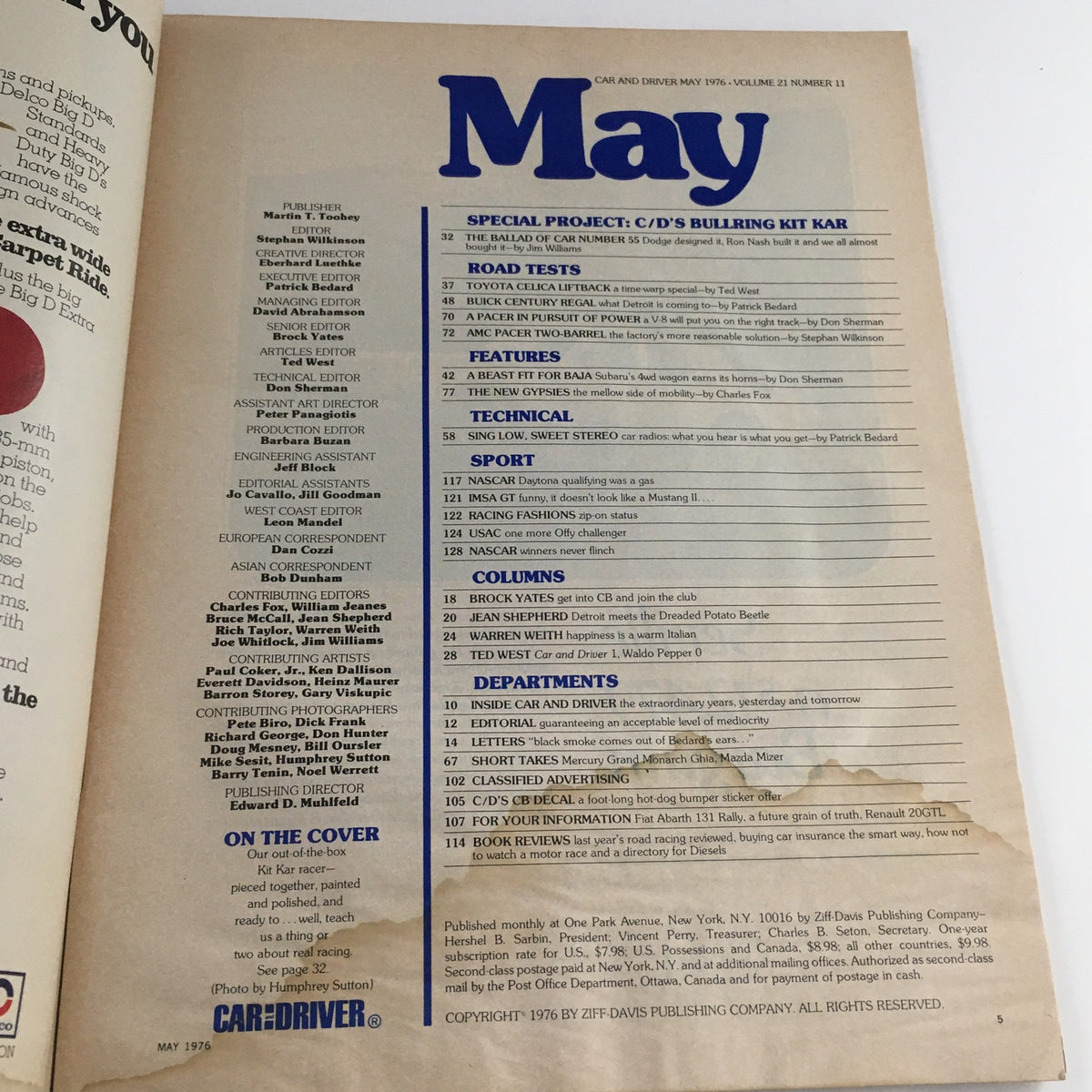 Table of contents from Car and Driver Magazine May 1976, outlining articles and features including stock car projects and automotive technical insights.