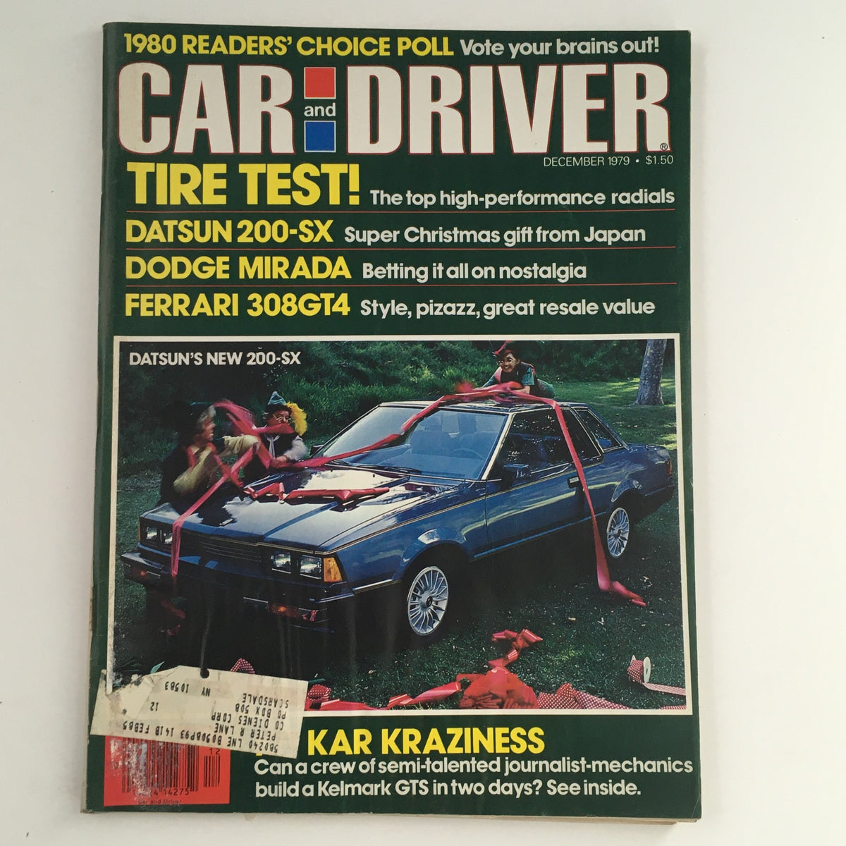 Cover of Car and Driver Magazine December 1979 featuring Datsun 200-SX, Dodge Mirada, and Ferrari 308GT4, showcasing a festive scene with a Datsun car adorned with ribbons.