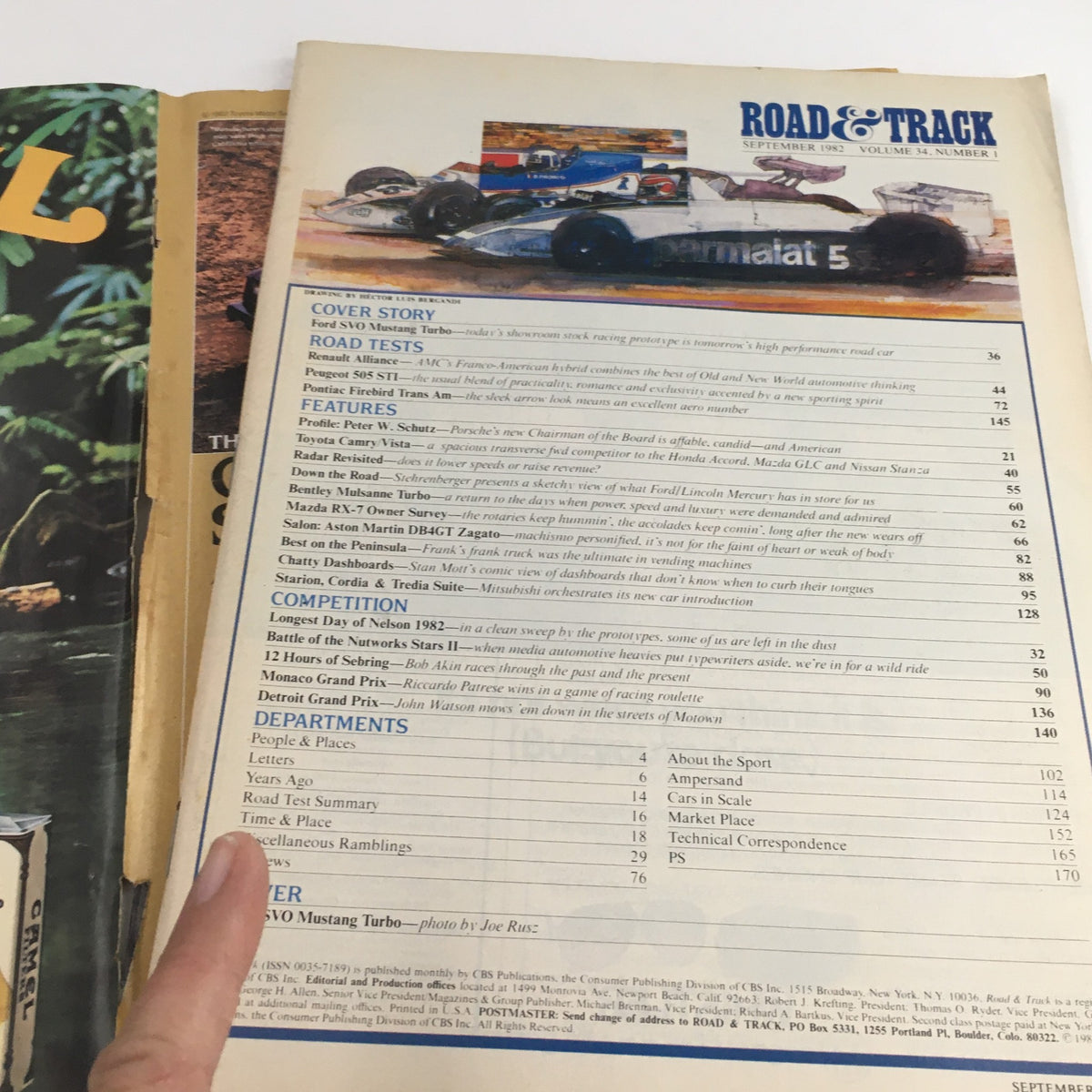 Inside page of Road & Track Magazine September 1982 detailing road tests and features on iconic vehicles like the Peugeot 505 STI and Pontiac Firebird Trans Am.