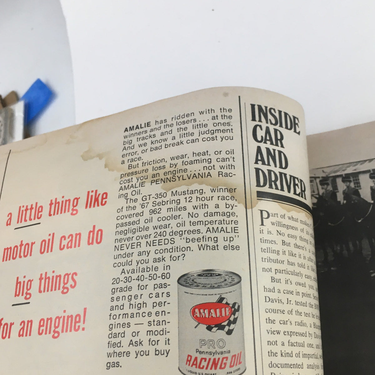 Inside page detail from Car and Driver Magazine June 1968 showcasing an advertisement for motor oil within a vintage automotive context.