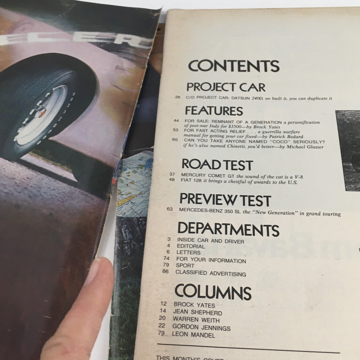 Contents page of Car and Driver Magazine July 1971 listing features including a project car on the Datsun 240 Omega, as well as various automotive topics and departmental sections.
