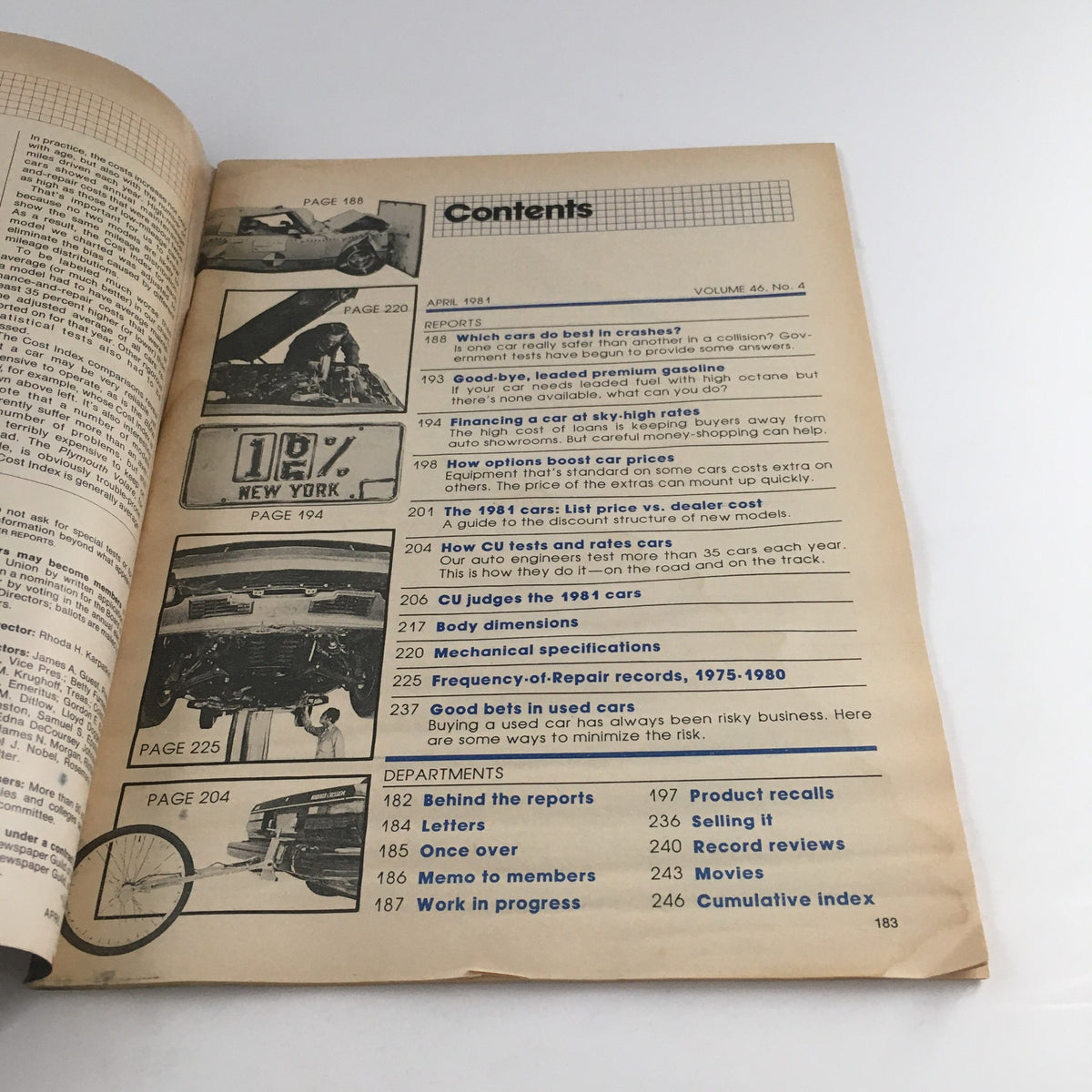 Contents page of Consumer Reports Magazine April 1981 Annual Auto Issue showcasing articles related to automotive safety, fuel efficiency, and buying tips for 1981 car models.