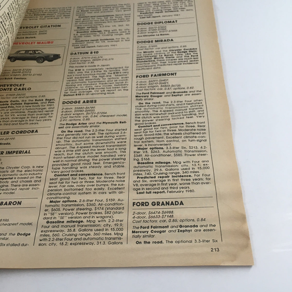 Page detailing specifications of various car models including Chevrolet, Dodge, and Ford in Consumer Reports Magazine April 1981 Annual Auto Issue.