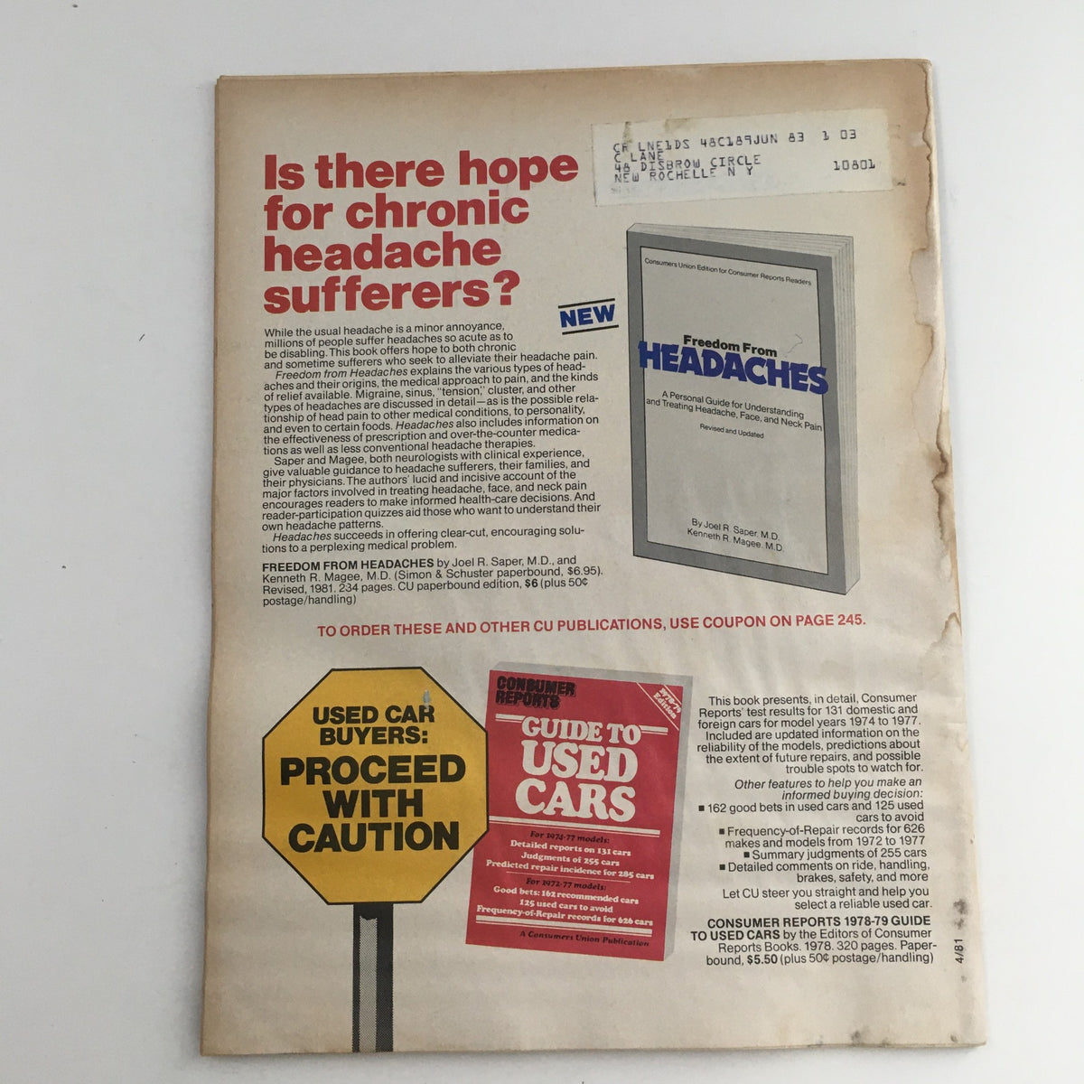 Back cover of Consumer Reports Magazine April 1981 Annual Auto Issue featuring advertisements related to headaches and a guide to used cars.