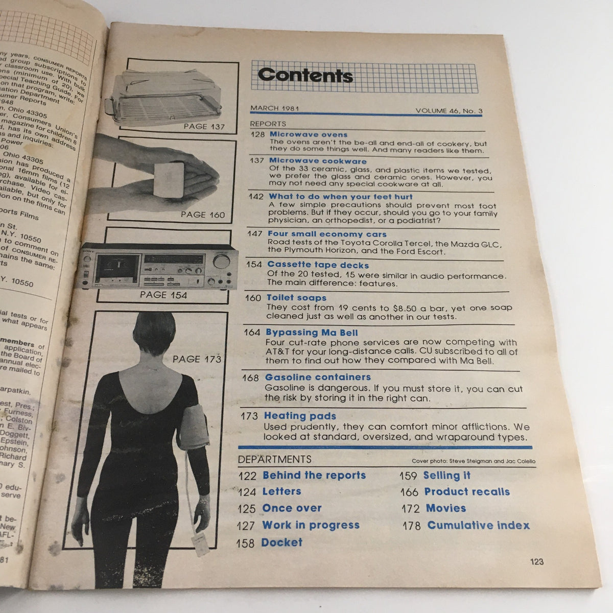 Contents page of Consumer Reports Magazine March 1981 detailing articles on kitchen appliances, small economy cars, and consumer safety, including ratings for items like microwave ovens and cassette tape decks.