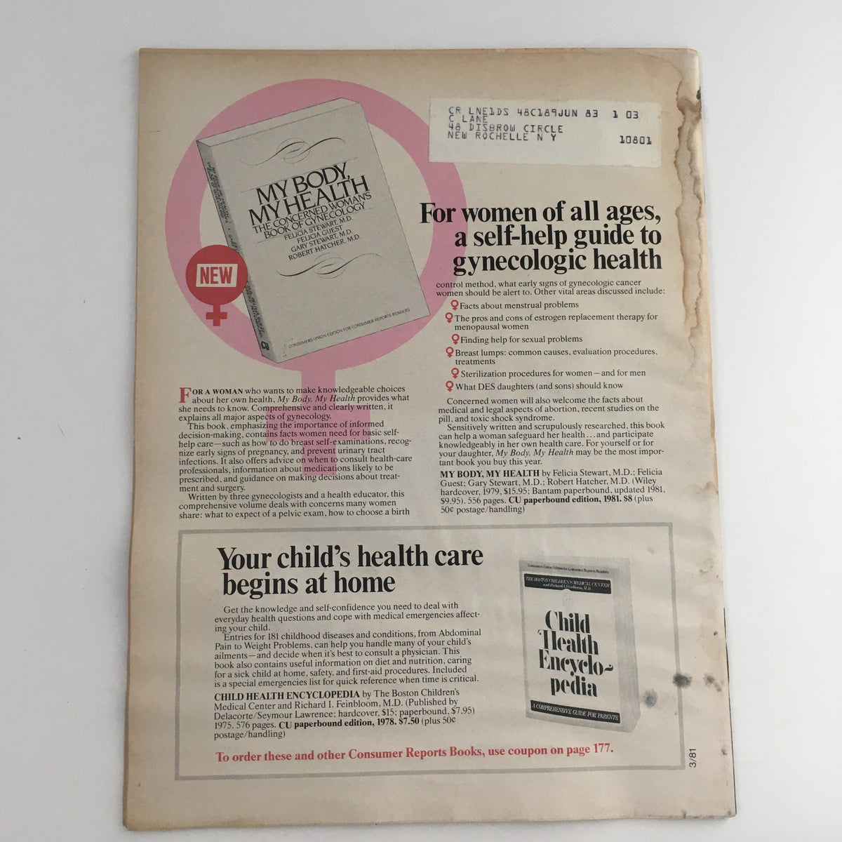 Back cover of Consumer Reports Magazine March 1981 showcasing a health book advertisement titled 'My Body, My Health,' emphasizing gynecological health and health management for women, with a March 1981 publication note.