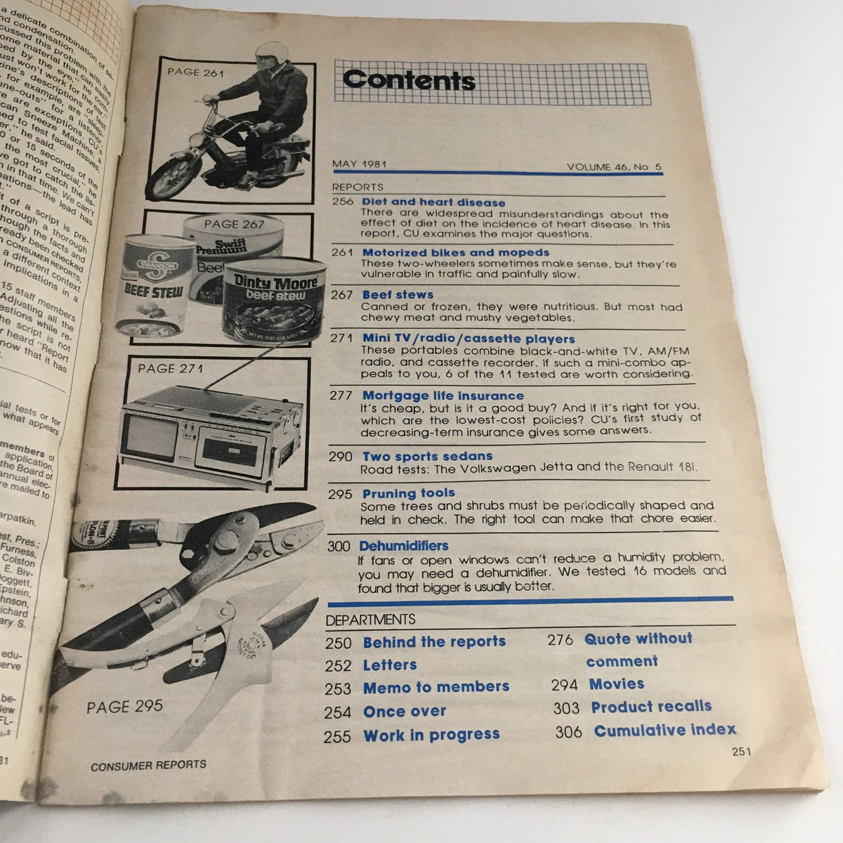 Contents page of the May 1981 Consumer Reports Magazine detailing articles and reports including the significant topic 'Diet and Heart Disease'. It lists various consumer reports and product reviews from that issue.
