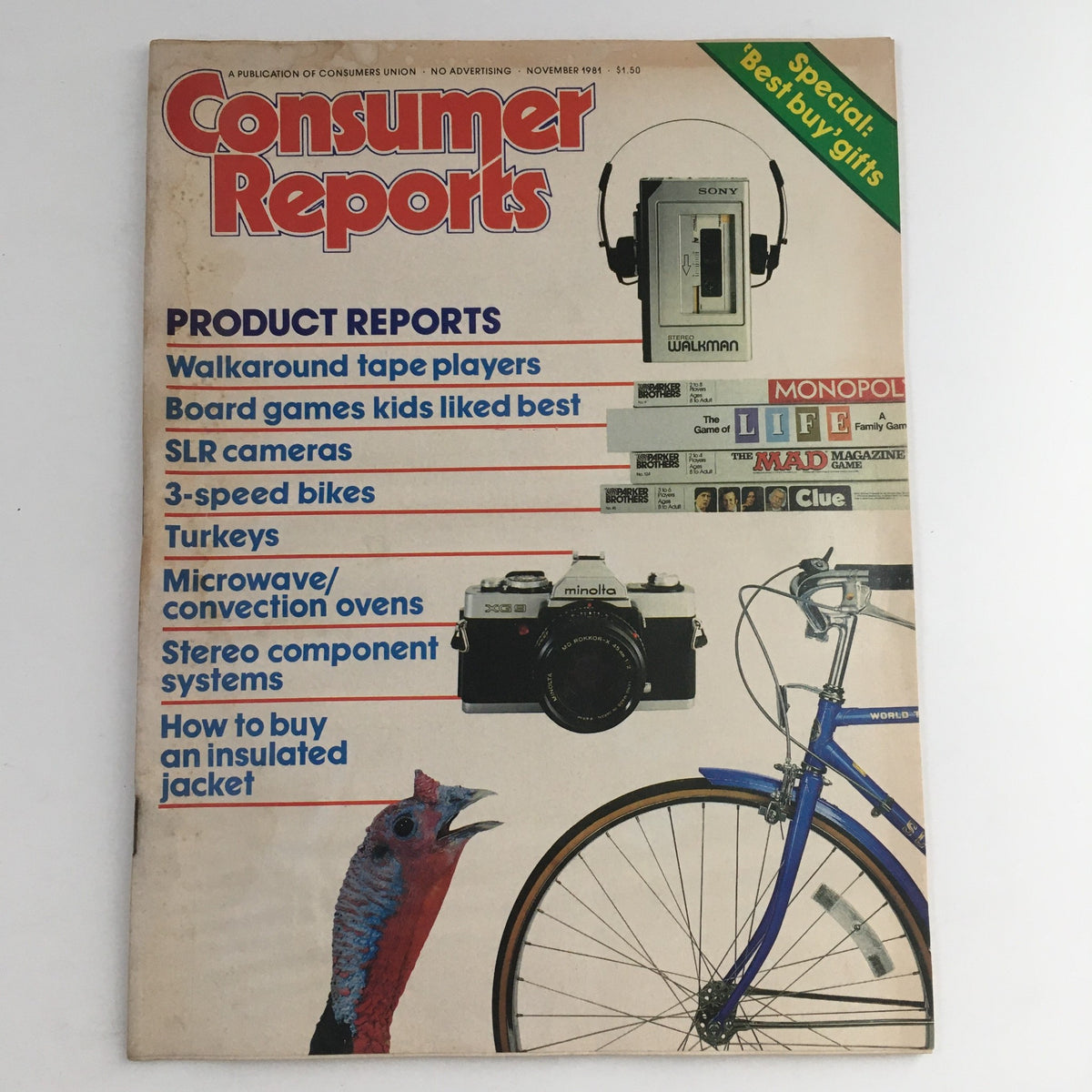 Consumer Reports Magazine November 1981 cover featuring product reports including board games kids liked best, SLR cameras, and three-speed bikes.
