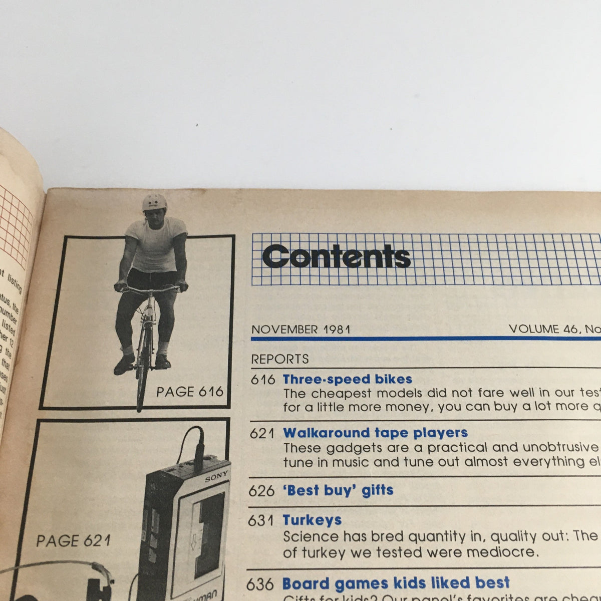 Consumer Reports Magazine November 1981 contents page detailing sections on three-speed bikes, walkaround tape players, and best buy gifts.