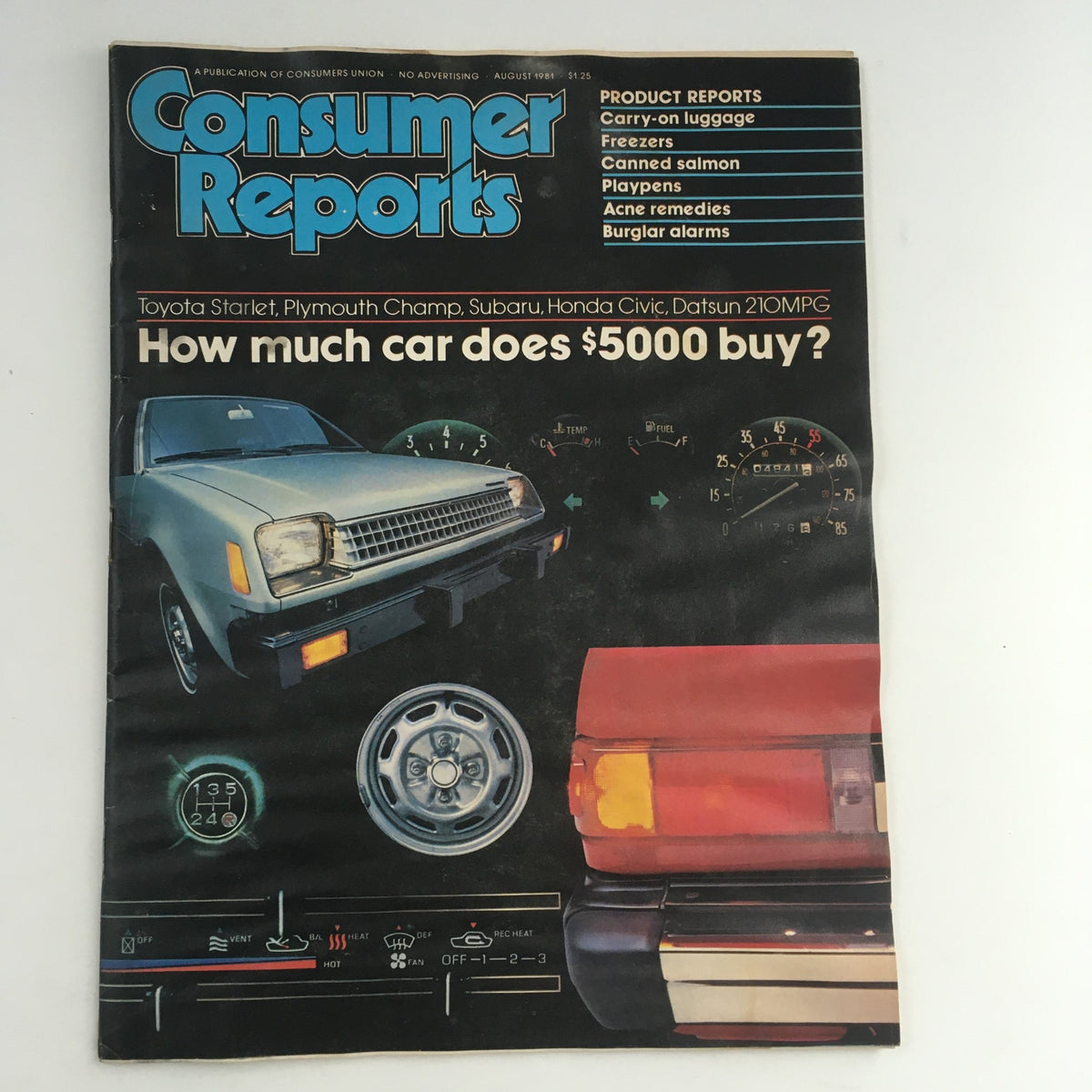 Cover of Consumer Reports Magazine August 1981 featuring a comparison of Toyota Starlet and Plymouth Champ. Includes visuals of the cars and gauges, and a question about car value.