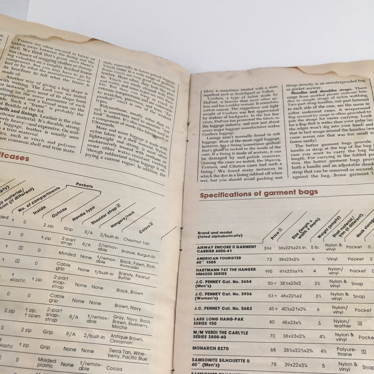 Interior pages from Consumer Reports Magazine August 1981 featuring specifications for garment bags, highlighting details on various models.