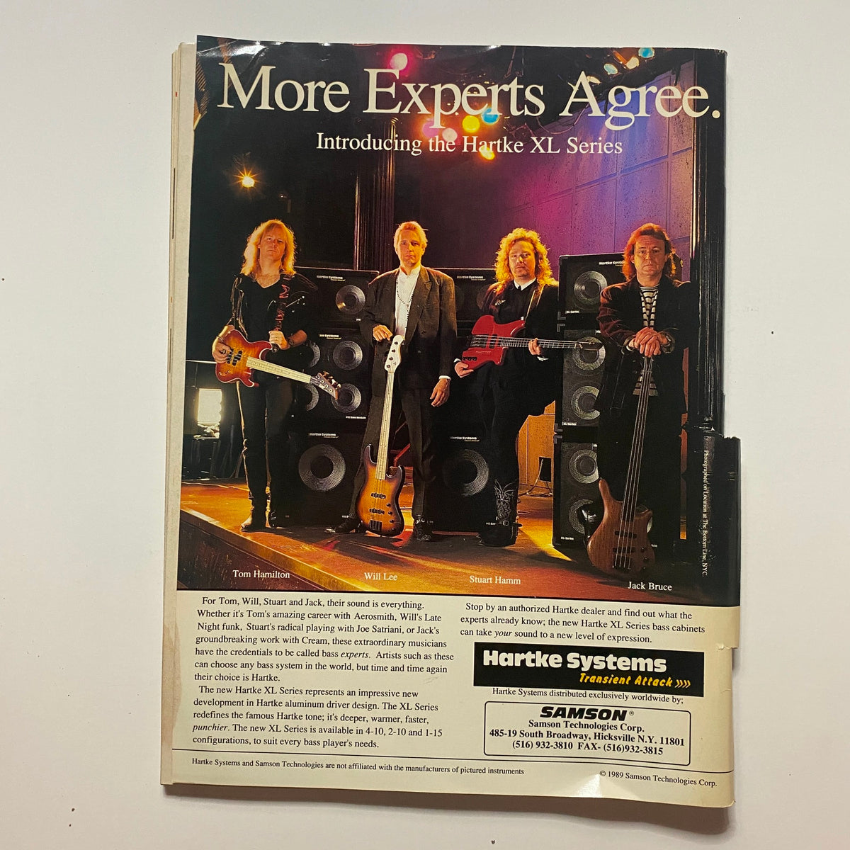 Back cover of the Guitar for the Practicing Musician Magazine May 1991, featuring a promotional advertisement for the Hartke XL Series with renowned musicians.