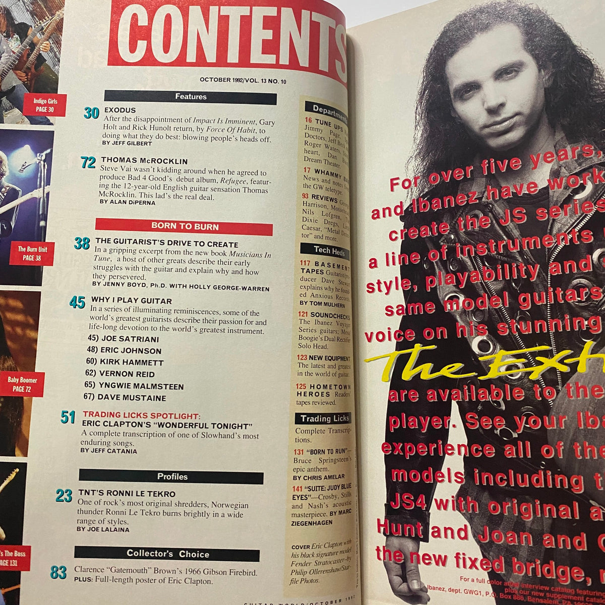 Contents page of Guitar World Magazine October 1992, showcasing featured articles including 'Why I Play Guitar' with mentions of Eric Clapton and Kirk Hammett.