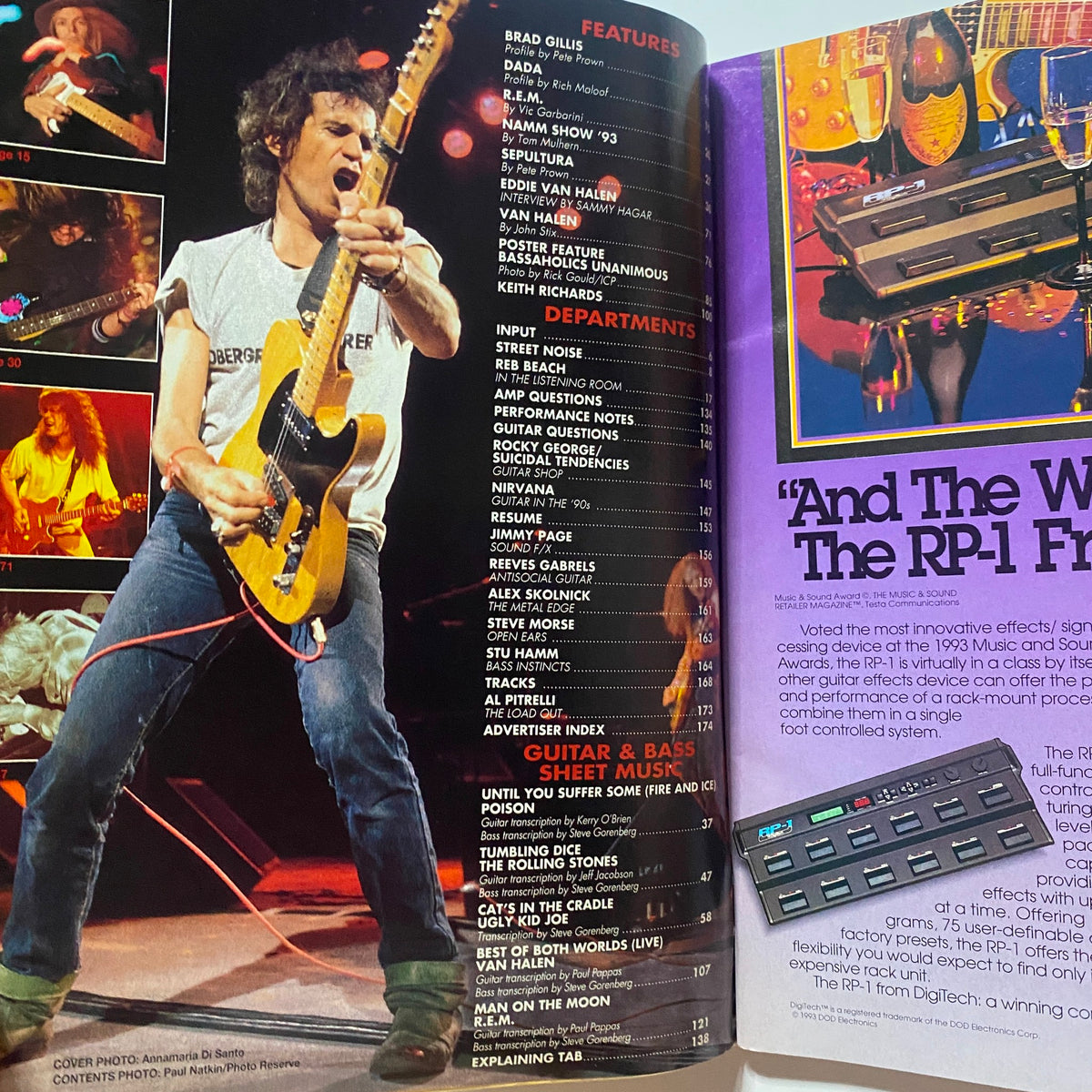 Interior page of Guitar for the Practicing Musician Magazine June 1993 showcasing features on guitarists including Van Halen.