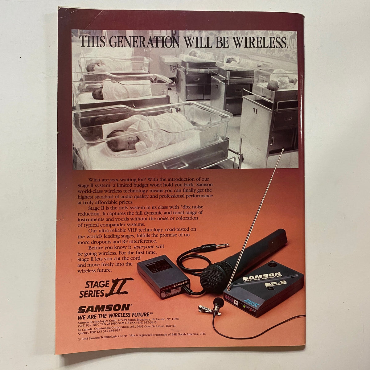 Back cover of Guitar for the Practicing Musician Magazine October 1988, advertising wireless technology for musicians, showcasing the progression of audio performance.